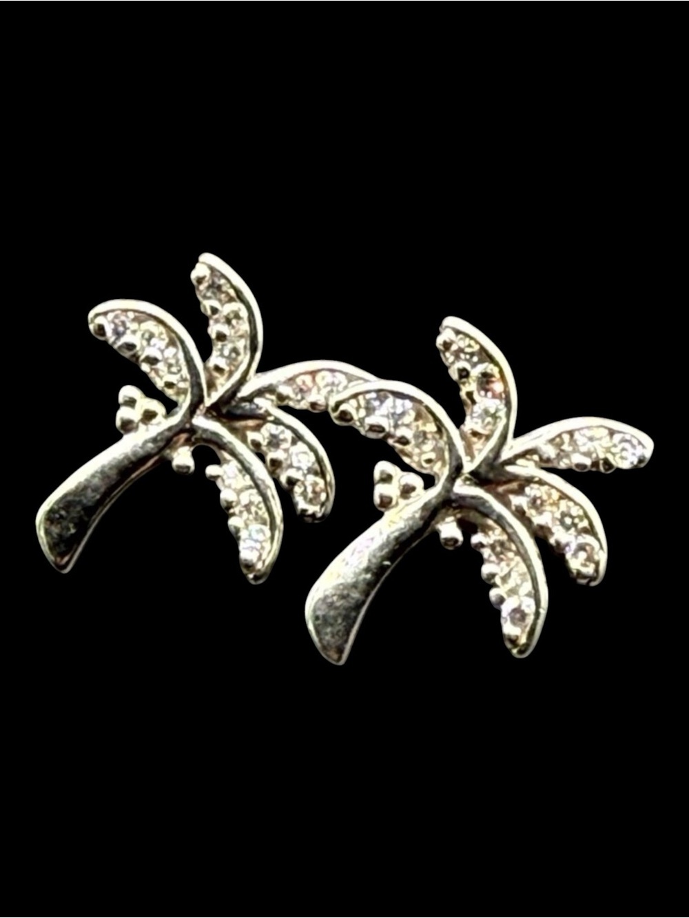 Sterling Silver Palm Tree Earrings with glittering white stones 5/8”